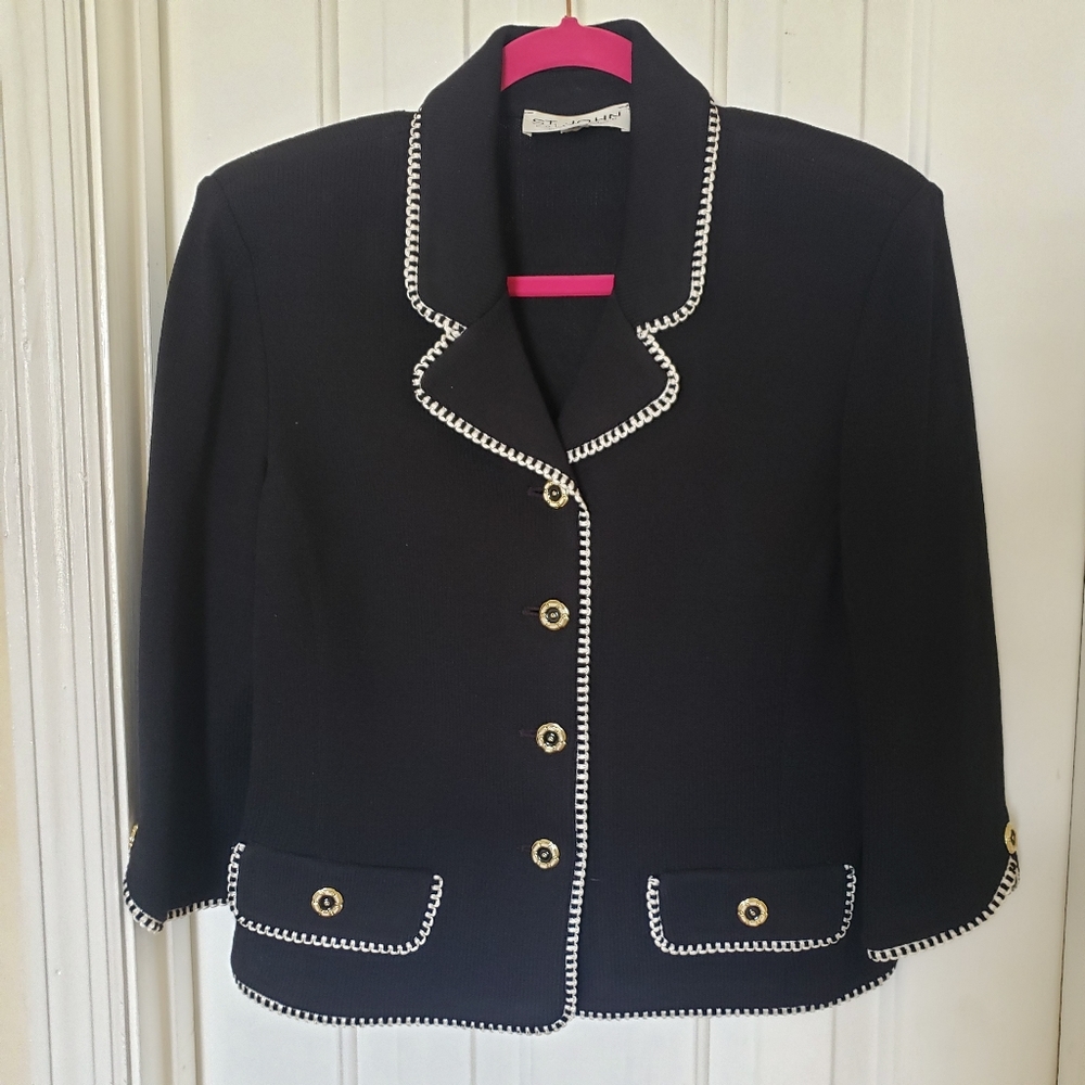 St John  Sz 10 Knit Blazer 3/4 Sleeves Black White